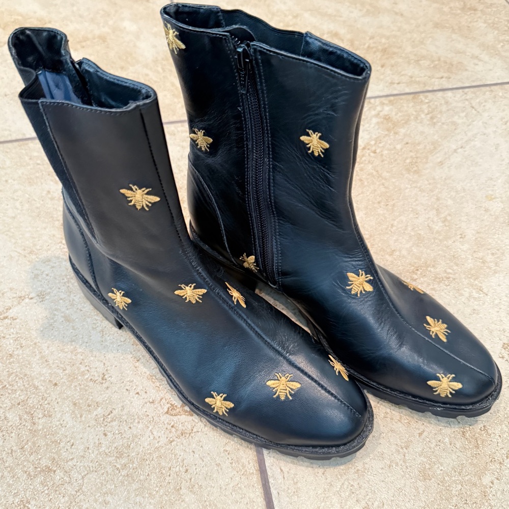Black Leather Boots with Gold Bee Embroidery
